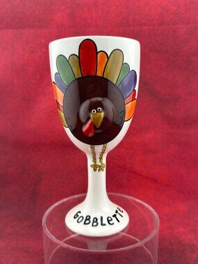 "GOBBLETTE " THEMED HAND-PAINTED TURKEY DESIGN GOBLET SIGNED BY LORRIE VEASEY